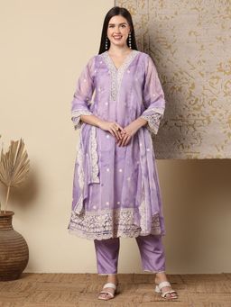FASHOR - Abstract Printed Anarkali Flared Kurta with Pant & Dupatta - Purple (Set of 3)