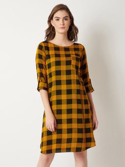 Miss Chase - Womens Multicolored Round Neck Checkered Buttoned Knee-long A-line Dress