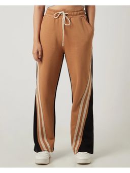 Bewakoof - Heavy Duty 1.0 Women's Camel Brown & Black Color Block Wide Leg Track Pants