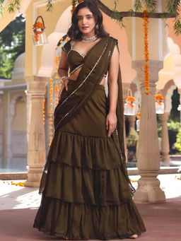 Lavanya The Label - Olive Green Ruffle Saree with Stitched Blouse