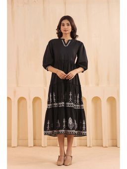 SAVI - Women Black Cotton Floral Printed Flared Dress