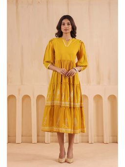 SAVI - Women Yellow Cotton Printed Designer Flared Dress
