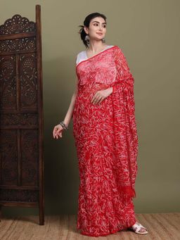 FASHIONABLE CHIKAN HANDIKRAFT - Women's Red Georgette Chikankari Saree with Unstitched Blouse
