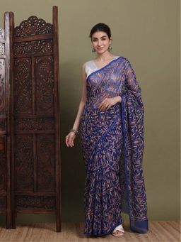 FASHIONABLE CHIKAN HANDIKRAFT - Women's Navy Blue Georgette Chikankari Saree with Unstitched Blouse