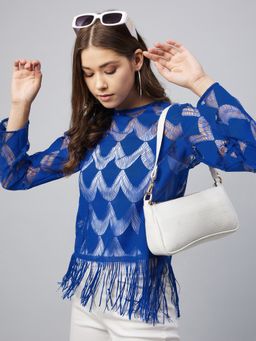 StyleStone - Women's Blue Sheer Lace with Fringes Top