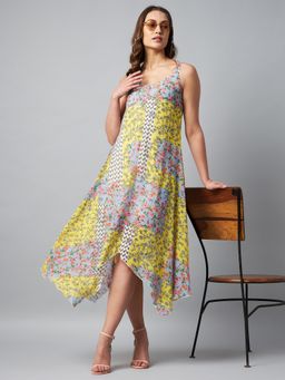StyleStone - Women's Asymmetric Yellow Tile Print Midi Dress