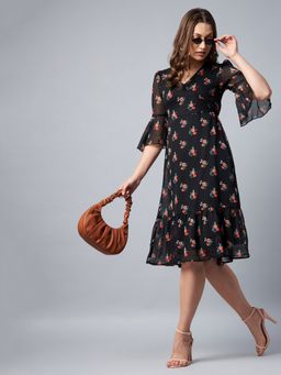 StyleStone - Women's Black Floral Print Bell Sleeve Knee Length Dress