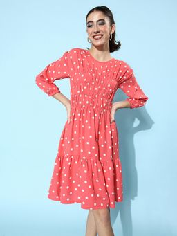 StyleStone - Women's Ruched Coral Polka Knee Length Dress
