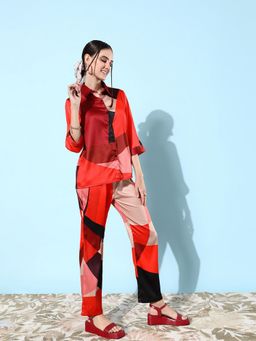 StyleStone - Women's Red Satin Shirt with Pant