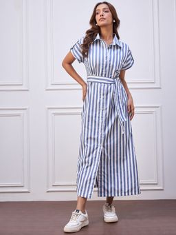 StyleStone - Women's Blue Stripe Cotton Maxi Dress with Belt