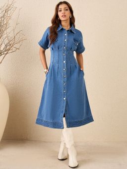 StyleStone - Women's Waist Fitted Denim Midi Dress