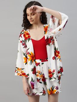 Deebaco - White Floral Pure Rayon Shrug with Shorts