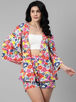 Deebaco - Multicolour Floral Printed Viscose Rayon Women's Shrug with Shorts