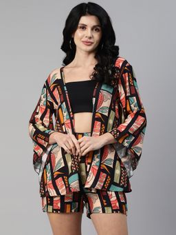 Deebaco - Black Multicolour Printed Viscose Rayon Women's Shrug with Shorts
