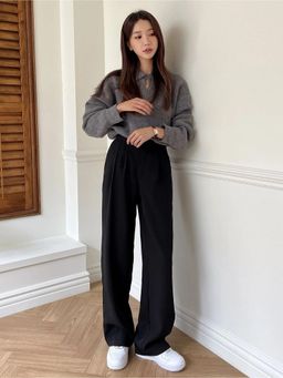 Fnocks - Women's Black Casual Pant Straight-Leg Trouser