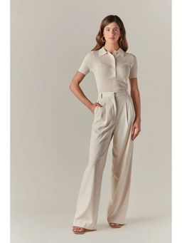 Fnocks - Women's Cream Casual Pant Wide-Leg Trouser