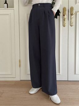Fnocks - Women's Navy Blue Casual Pant Straight-Leg Trouser