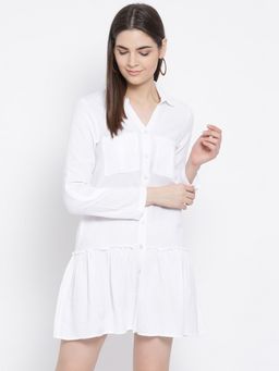 Oxolloxo - Women White Cotton Solid Collar Neck Mini Dress