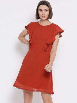 Oxolloxo - Women Rust Polyester Solid Round Neck Mini Dress