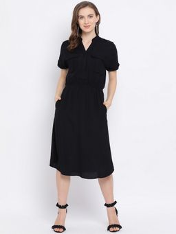 Oxolloxo - Women Black Cotton Solid Mandarin Neck Midi Dress