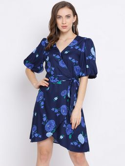 Oxolloxo - Women Blue Viscose V-Neck Mini Dress