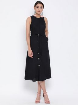 Oxolloxo - Women Black Cotton Solid Round Neck Knee Length Dress with Belt