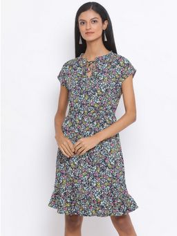 Oxolloxo - Women Navy Blue Polyester Floral Round Neck Mini Dress