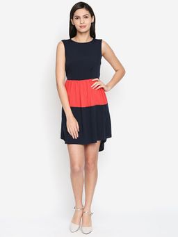 Oxolloxo - Women Multi-Colour Polyester Colorblock Round Neck Knee Length Dress