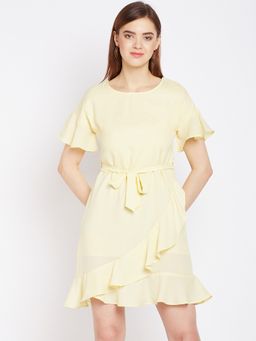 Oxolloxo - Women Yellow Polyester Solid Round Neck Mini Dress with Belt