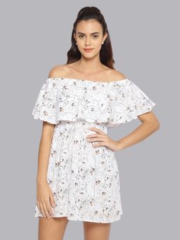 Oxolloxo - Women White Cotton Printed Off Shoulder Mini Dress