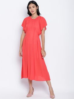 Oxolloxo - Women Red Viscose Solid Round Neck Midi Dress