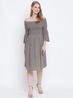 Oxolloxo - Women Grey Viscose Printed Off Shoulder Mini Dress