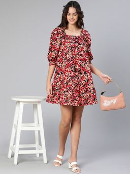Oxolloxo - Women Multi-Colour Cotton Floral Square Neck Mini Dress