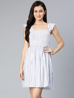 Oxolloxo - Women White Cotton Stripes Square Neck Mini Dress