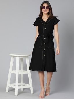 Oxolloxo - Women Black Cotton Solid V-Neck Midi Dress with Belt