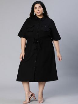 Oxolloxo - Women Black Cotton Solid Collar Neck Midi Dress