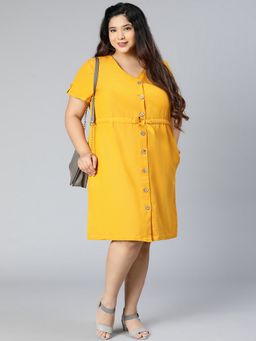 Oxolloxo - Women Mustard Cotton Solid V-Neck Midi Dress with Belt