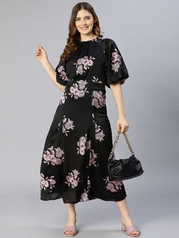 Oxolloxo - Women Black Polyester Floral Round Neck Maxi Dress