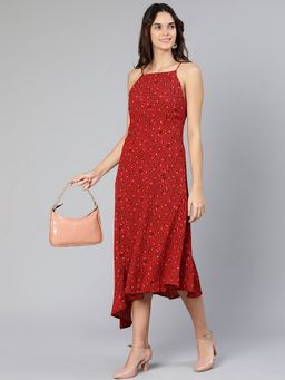 Oxolloxo - Women Red Polyester Printed Square Neck Maxi Dress