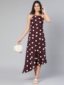 Oxolloxo - Women Wine Polyester Polka Dots Shoulder Straps Maxi Dress
