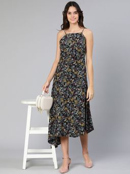 Oxolloxo - Women Black Polyester Floral Shoulder Straps Maxi Dress