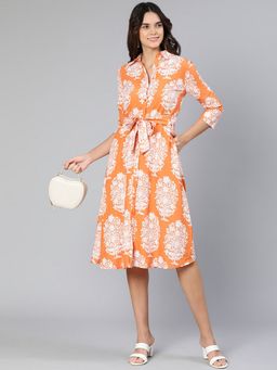 Oxolloxo - Women Orange Viscose Floral Collar Neck Midi Dress with Belt