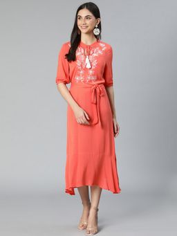 Oxolloxo - Women Red Viscose Embroidered Tie Up Neck Midi Dress with Belt