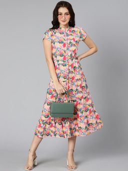 Oxolloxo - Women Multi-Colour Viscose Printed Mandarin Neck Midi Dress