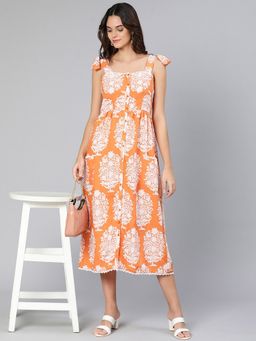 Oxolloxo - Women Orange Viscose Floral Shoulder Straps Midi Dress