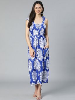 Oxolloxo - Women Blue Viscose Floral Shoulder Straps Midi Dress