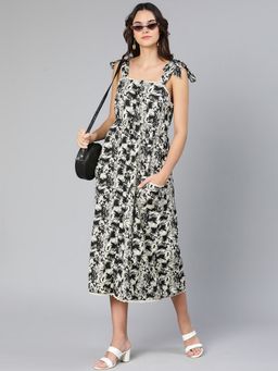 Oxolloxo - Women Black Viscose Floral Shoulder Straps Midi Dress
