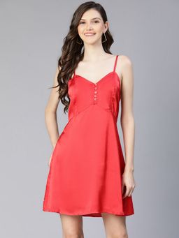 Oxolloxo - Women Red Satin Solid Shoulder Straps Mini Dress