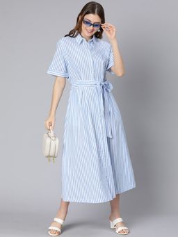 Oxolloxo - Women Blue Cotton Stripes Collar Neck Midi Dress