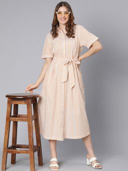 Oxolloxo - Women Mustard Cotton Stripes Collar Neck Midi Dress with Belt